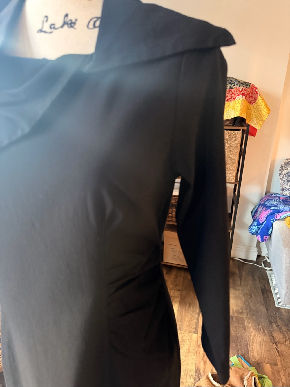 Asymmetrical Black Long-Sleeve Dress with Draped Collar